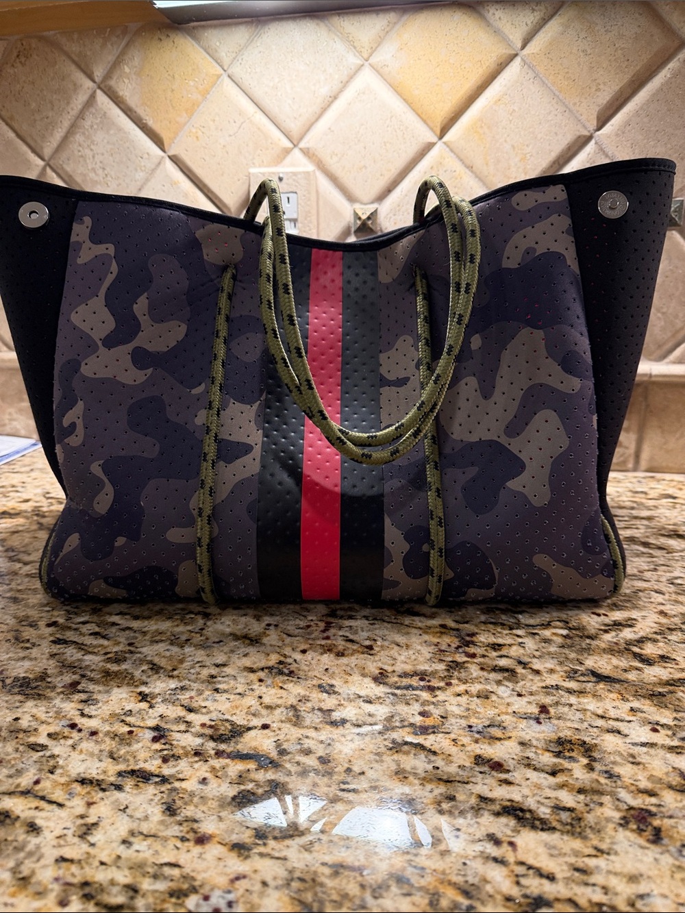 Women’s Camo Neoprene Tote with Olive Handles and Red Stripe